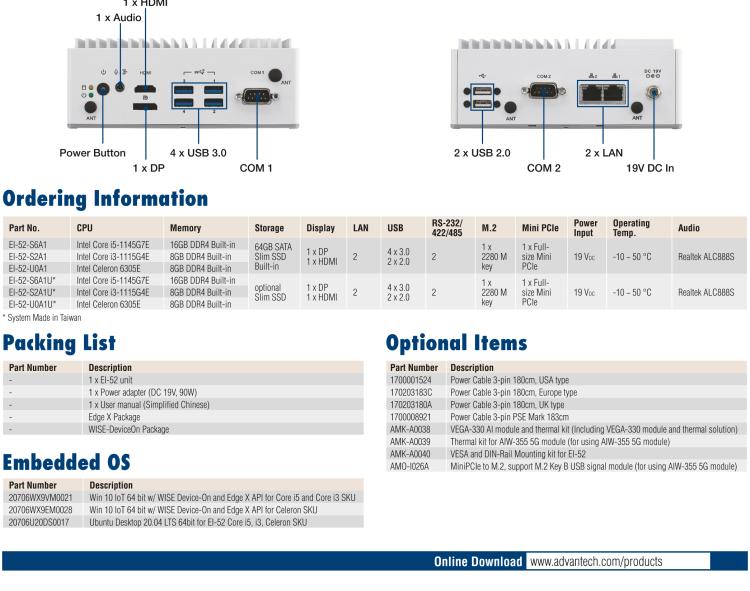 研華EI-52 研華EI-52，邊緣計算系統，支持 Intel 11th gen CPU，可選 Core i5 /i3 /Celeron 處理器，具備豐富擴展接口 2 x LAN，2 x COM，6 x USB等，內部可以通過 miniPCIe 或 M.2 擴展AI加速卡實現工業AI機器視覺，搭載5G通訊模塊。