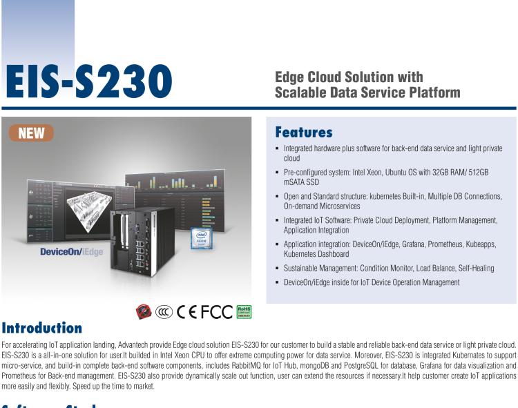 研華EIS-S230 研華 EIS-S230，邊緣計算系統服務器，支持Intel 第六代、第七代處理器，可選i3/i5/i7 Xeon CPU，DDR4 最高32GB，最多可支持4 x 2.5寸硬盤，具備豐富擴展接口 4 x LAN，4 x COM，8 x USB，2 x PCIE。產品生命周期長，穩定可靠。