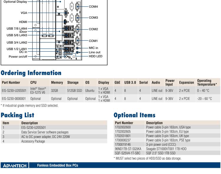 研華EIS-S230 研華 EIS-S230，邊緣計算系統服務器，支持Intel 第六代、第七代處理器，可選i3/i5/i7 Xeon CPU，DDR4 最高32GB，最多可支持4 x 2.5寸硬盤，具備豐富擴展接口 4 x LAN，4 x COM，8 x USB，2 x PCIE。產品生命周期長，穩定可靠。