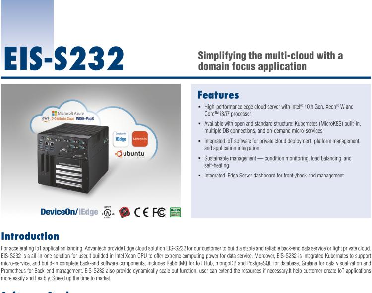研華EIS-S232 研華 EIS-S232，邊緣計(jì)算系統(tǒng)服務(wù)器，支持Intel 第十代處理器，可選i3/i5/i7 Xeon CPU，DDR4 最高32GB，最多可支持4 x 2.5寸硬盤，具備豐富擴(kuò)展接口 2 x LAN，6 x COM，8 x USB，1 x PCIE，2 x PCI。產(chǎn)品生命周期長(zhǎng)，穩(wěn)定可靠。