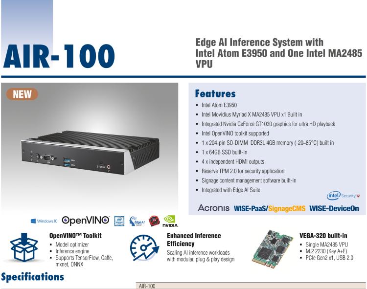 研華AIR-100 基于Intel Atom E3950處理器，AI計算平臺，內(nèi)置Myriad X VPU * 1