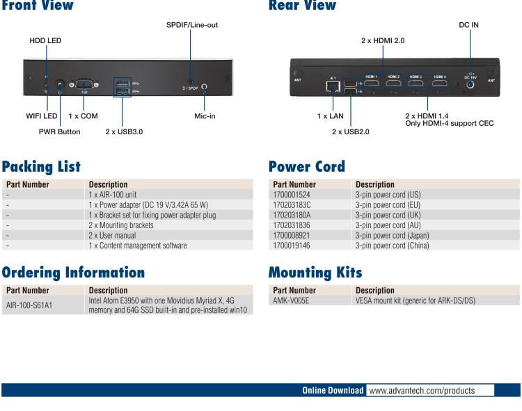 研華AIR-100 基于Intel Atom E3950處理器，AI計算平臺，內(nèi)置Myriad X VPU * 1