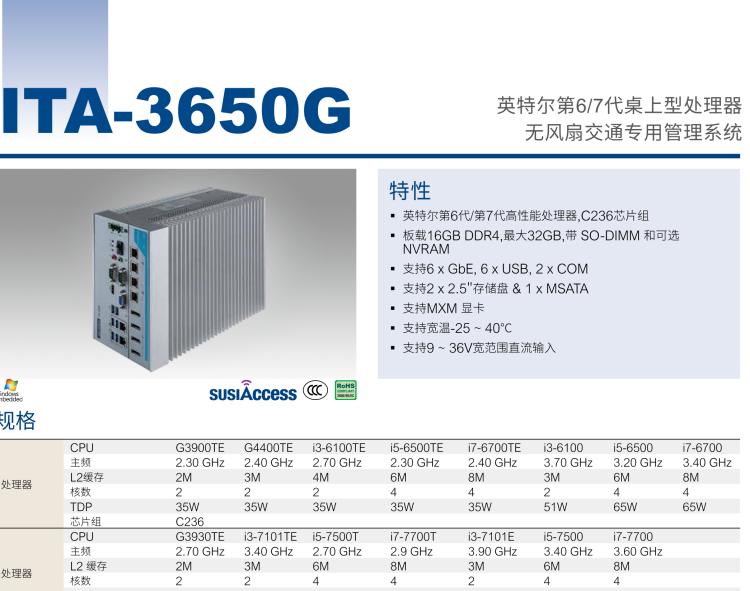 研華ITA-3650G 英特爾第六代和第七代臺(tái)式機(jī)無(wú)風(fēng)扇系統(tǒng)，具有GPU模組，用于交通行業(yè)