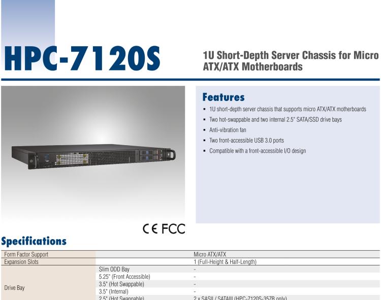 研華HPC-7120S 1U 上架式服務(wù)器短機(jī)箱，適用Micro ATX/ATX 服務(wù)器主板，支持1*全高/半長PCIe x16擴(kuò)展插槽