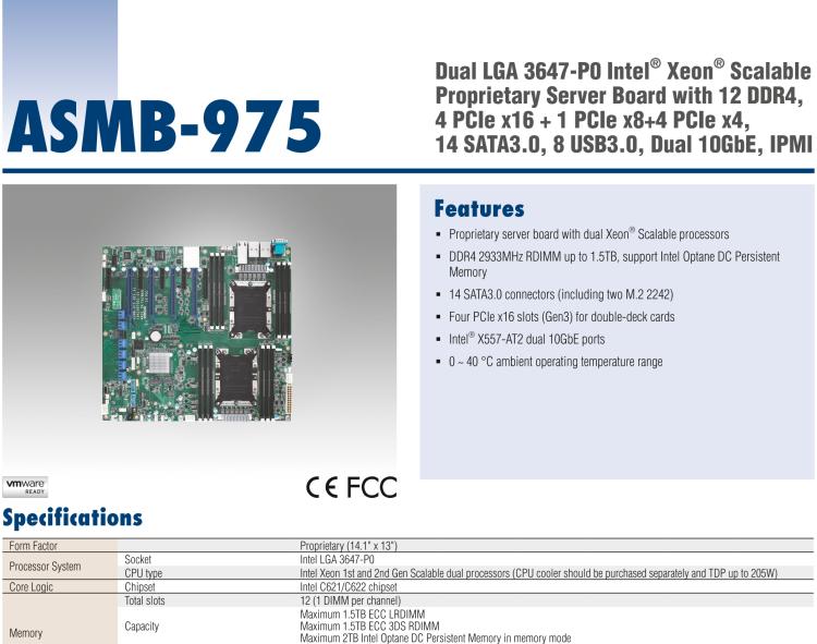 研華ASMB-975 雙路LGA3647-P0 Intel? Xeon? Scalable 服務(wù)器主板，帶12個(gè) DDR4, 4個(gè) PCIe x16 + 1個(gè) PCIe x8 + 4 個(gè)PCIx4, 14 個(gè) SATA3, 8 個(gè)USB3.0, Dual 10GbE, IPMI