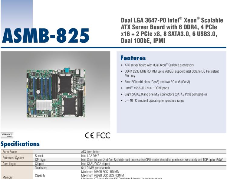 研華ASMB-825 雙路LGA 3647-P0 Intel? Xeon? Scalable ATX 服務器主板，帶6 個DDR4, 4 PCIe x16 和 2 個 PCIe x8, 8 個SATA3, 6 個USB3.0, Dual 10GbE, IPMI