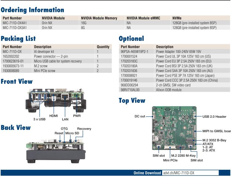 研華MIC-711D-OX MIC-711D-OX 是一款基于英偉達Jetson Orin NX 的 AI 開發套件，含有多個 I/O 接口，使客戶可以靈活開發新項目。