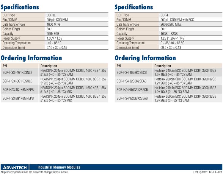 研華SQR-HS3I 自帶散熱器，低功耗，工業級寬溫SODIMM DDR3L系列