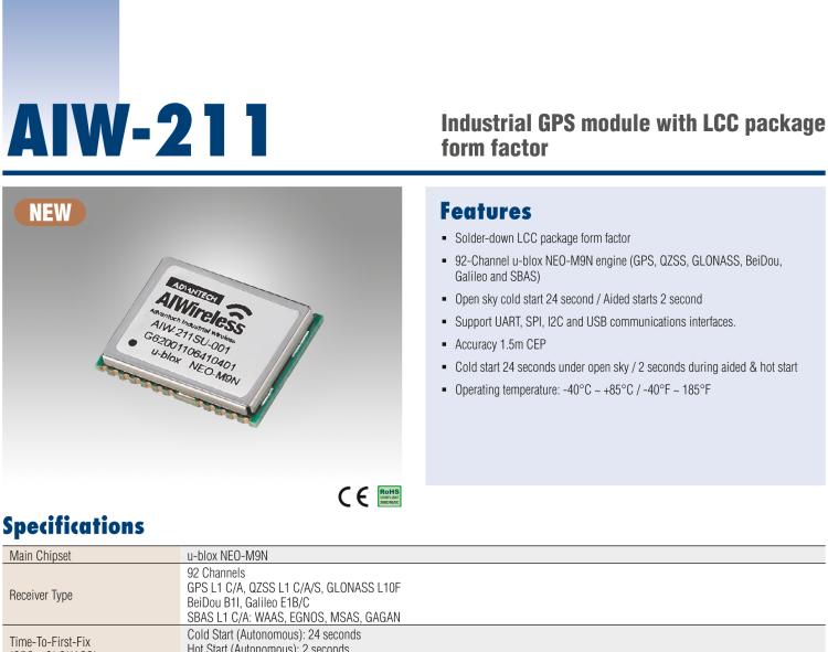 研華AIW-211 帶郵票型接口的工業級 GNSS（GPS、GLONASS、BeiDou、Galileo、QZSS和SBAS）模塊。