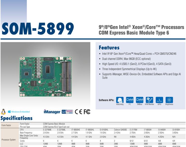 研華SOM-5899 第八代Intel Xeon/Core 處理器， COM Express Basic Type 6 模塊