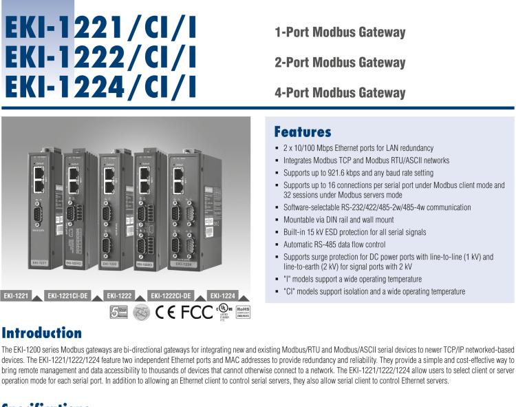 研華EKI-1221CI 隔離式寬溫型 1端口Modbus數據網關