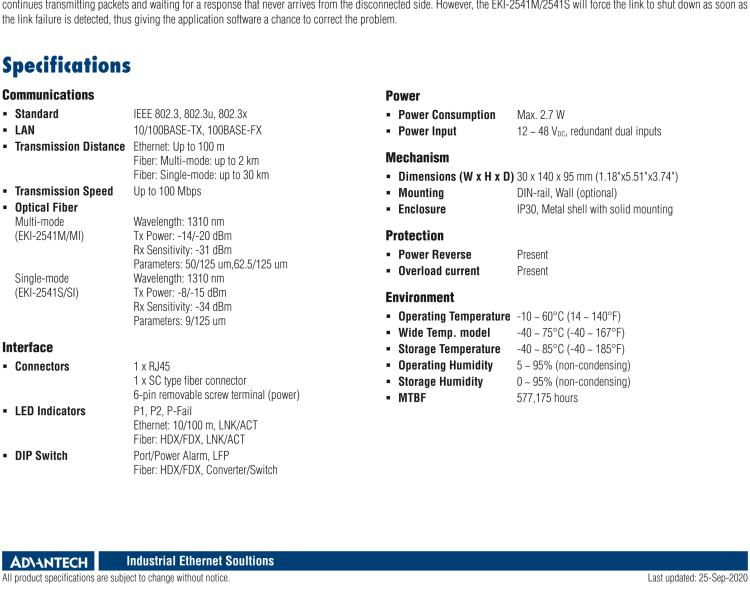研華EKI-2541MI 工業級百兆多模光電轉換器