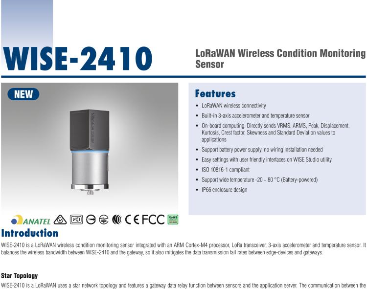 研華WISE-2410 WISE-2410是LoRaWA N無線振動溫度監控傳感器，電池使用周期為2年。