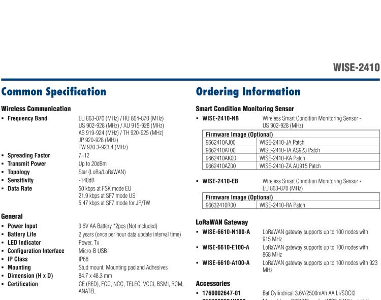 研華WISE-2410 WISE-2410是LoRaWA N無線振動溫度監控傳感器，電池使用周期為2年。