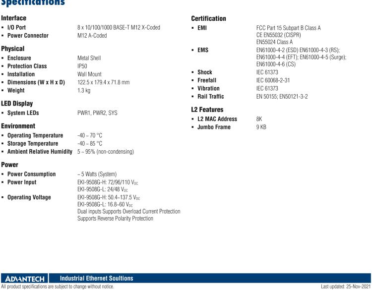 研華EKI-9508G-H 8個千兆M12端口非網管EN50155交換機， 支持72/96/110 VDC供電
