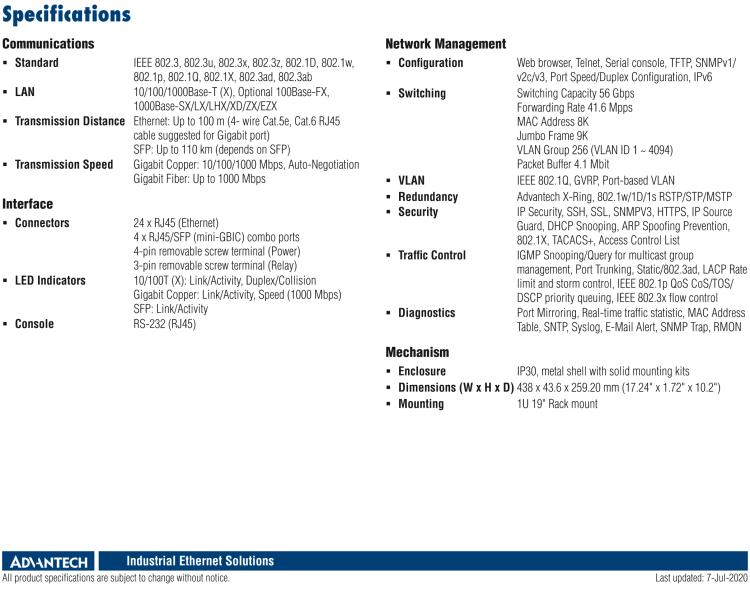 研華EKI-7428G-4CPI 24GE+4G Combo網管型PoE工業以太網交換機，IEEE802.3af/at，19”機架式安裝，-40~75℃，46~57VDC