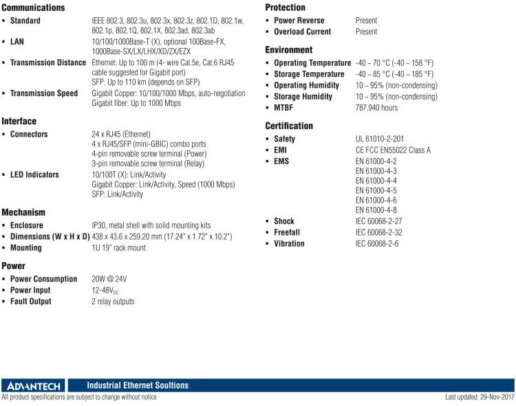 研華EKI-2428G-4CI 24GE+4G組合非托管以太網交換機，19“機架式，-40~75℃