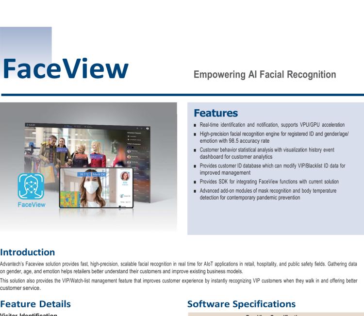 研華FaceView 研華 DeviceOn.FaceView是基于研華 IoT 設(shè)備的人臉識(shí)別軟件，支持性別、年齡、情感的數(shù)據(jù)收集，支持VPU/GPU加速。FaceView軟件在最新版本中正確識(shí)別率提升到了99.7%，可以支持遮擋檢測(cè)，也就是是否正確佩戴口罩，再搭配專業(yè)測(cè)溫?cái)z像頭情況下，可以實(shí)現(xiàn)測(cè)量體溫。