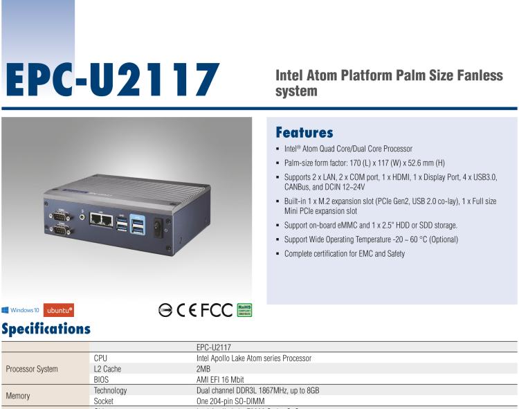 研華EPC-U2117 Intel Atom第六代Apollo Lake無風扇嵌入式工控機，板載eMMC，CANBUS
