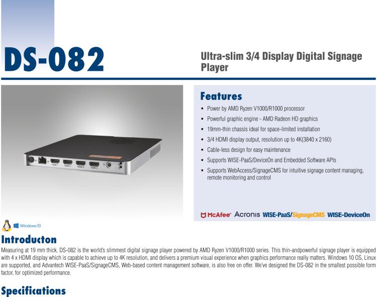 研華DS-082 搭載AMD Ryzen V1000/R1000超薄數字標牌播放器