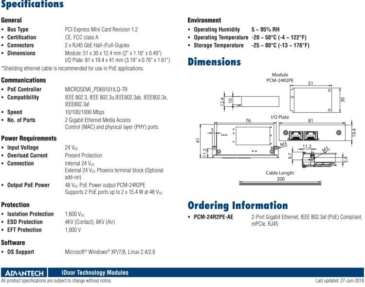 研華PCM-24R2PE 2端口千兆以太網，兼容IEEE 802.3af（PoE），mPCIe，RJ45