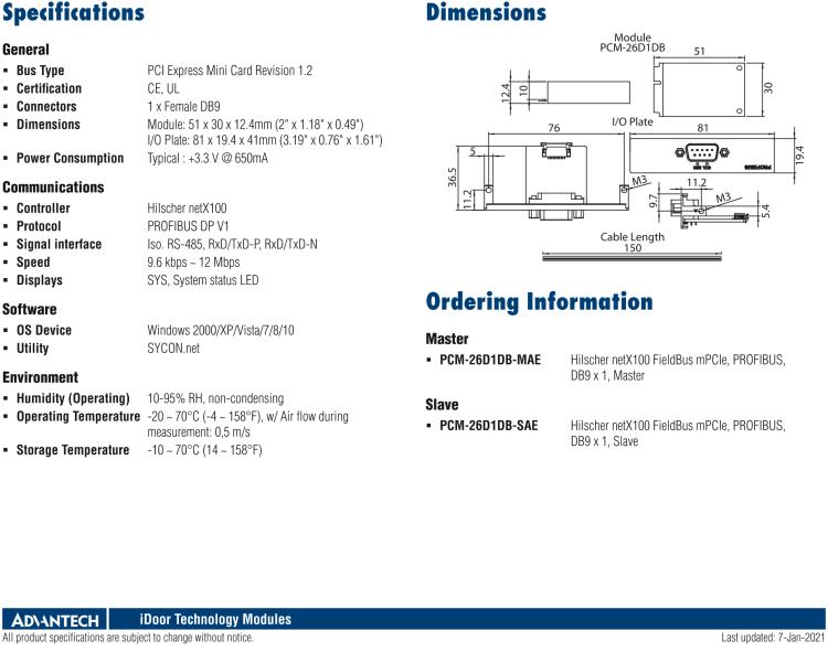 研華PCM-26D1DB 1端口 Hilscher netX100 現場總線 mPCIe，PROFIBUS，DB9