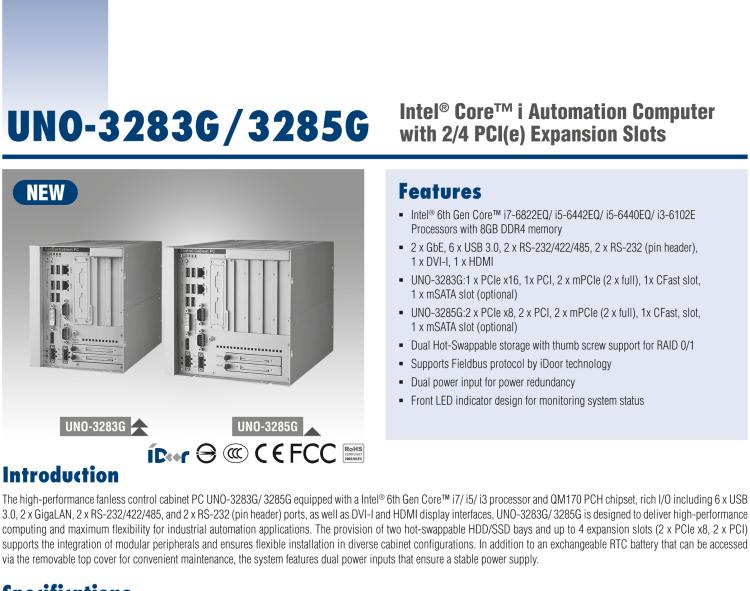 研華UNO-3285G 高效能嵌入式無(wú)風(fēng)扇工業(yè)電腦，搭配Intel? Core? i 處理器，4×PCI(e) 擴(kuò)展槽, 2×GbE, 2×mPCIe, HDMI, DVI-I