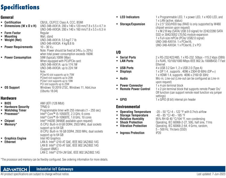 研華UNO-348 緊湊型嵌入式邊緣控制器，搭載第10代英特爾CPU，支持最多3個PCIe/PCI插槽，1個M.2 B鍵，1個mPCIe和2個2.5英寸SSD