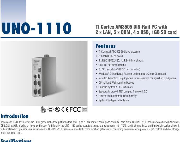 研華UNO-1110 導軌安裝型工業(yè)控制器，搭配TI Coretex AM3505 處理器，2×LAN，5×COM，4×USB，1 GB SD卡