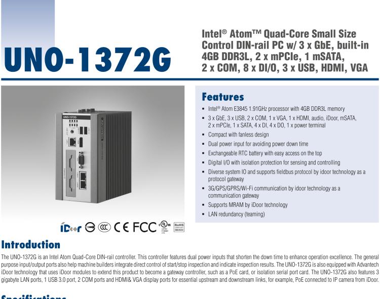 研華UNO-1372G 小型導(dǎo)軌安裝工業(yè)控制器，搭配英特爾?凌動? 四核處理器及4GB DDR3L內(nèi)存，2×mPCIe，1×mSATA，2×COM，8×DI/O，3×USB，1×HDMI，1×VGA
