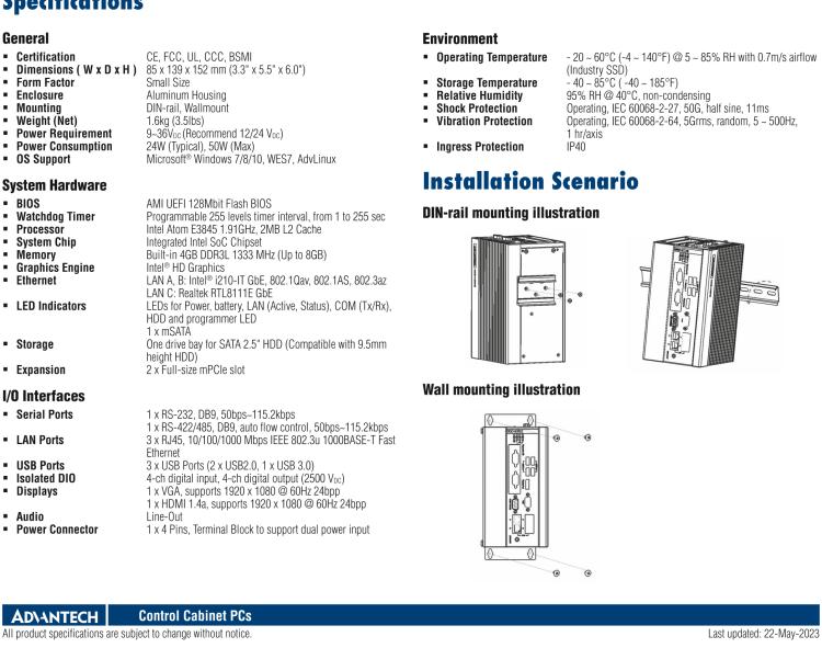 研華UNO-1372G 小型導(dǎo)軌安裝工業(yè)控制器，搭配英特爾?凌動? 四核處理器及4GB DDR3L內(nèi)存，2×mPCIe，1×mSATA，2×COM，8×DI/O，3×USB，1×HDMI，1×VGA