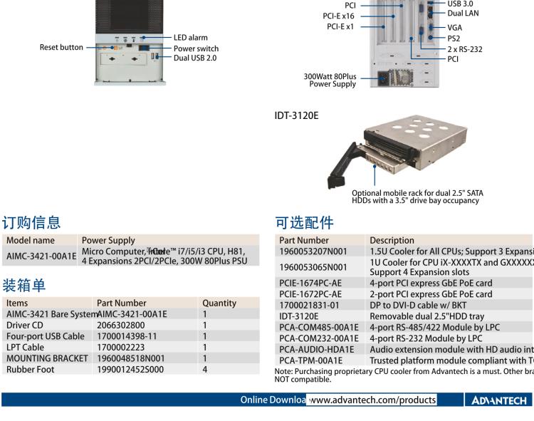研華AIMC-3421 智能微型計(jì)算機(jī)，支持英特爾酷睿? i7/i5/i3 CPU,H81芯片組，4個(gè)擴(kuò)展槽2PCI/2PCIe,300W 80Plus 電源