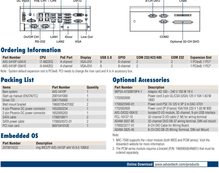 研華AIIS-5410P 無風(fēng)扇視覺系統(tǒng)，Intel Core? i 處理器，4通道 GigE PoE 相機(jī)界面和 PCIe 插槽