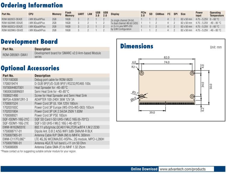 研華ROM-5620 基于NXP i.MX8X SMARC2.0 Arm核心板，多接口，低功耗設計