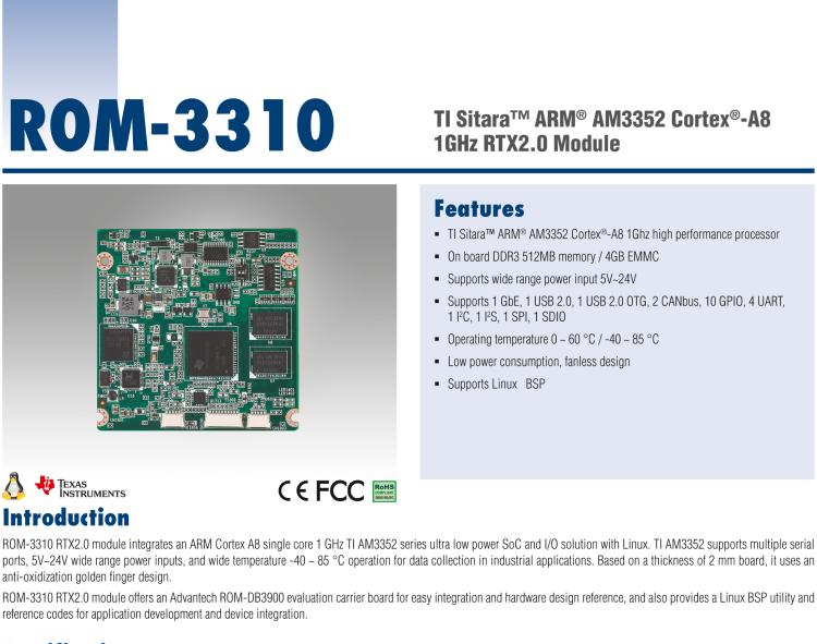 研華ROM-3310 基于TI AM3352 Cortex A8 1GHz RTX 2.0 的標準核心板，適用于寬溫抗震等工業自動化領域