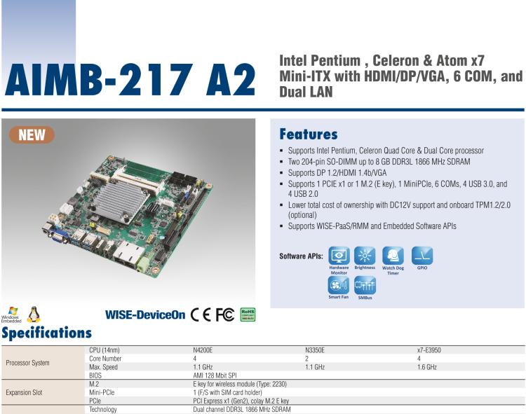 研華AIMB-217 板載Intel? 第6代 奔騰、賽揚、凌動系列處理器。擁有多COM和雙千兆網(wǎng)口，超薄緊湊，無風(fēng)扇設(shè)計，支持寬溫。