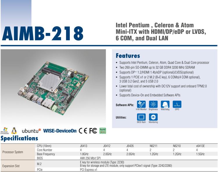 研華AIMB-218 板載Intel? 第8代 奔騰/賽揚/凌動系列處理器。支持獨立三顯，超薄緊湊，無風扇設計，支持寬溫。