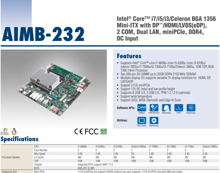 研華AIMB-232 板載Intel? 第6/7代 Core? i/賽揚 處理器。超薄設計，無風扇設計，支持寬溫。