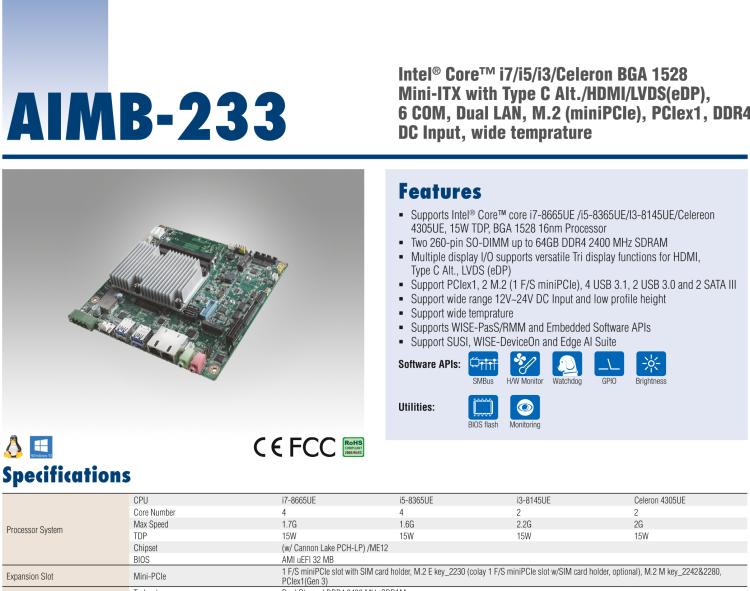 研華AIMB-233 板載Intel? 第8代 Core i 處理器。擁有Type C接口，滿足各類擴展需求。低功耗，超薄緊湊，無風扇設計，支持寬溫寬壓，性能強勁。