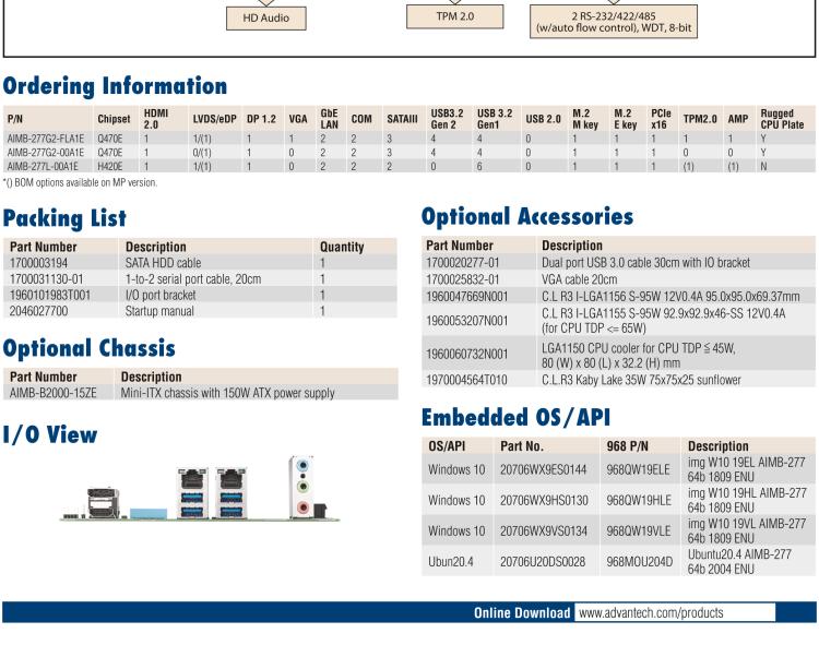 研華AIMB-277 適配Intel? 第10代 Core? i 系列處理器，搭載Q470E芯片組。性能強勁，適用于高端應用領域。