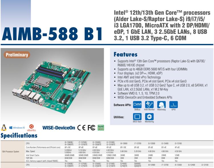 研華AIMB-588B1 適配Intel 第12/13代 Core i/奔騰系列處理器，搭載Q670E/R680E/H610E芯片組。性能可達(dá)服務(wù)器級(jí)別，獨(dú)立四顯，具備專(zhuān)業(yè)的圖像處理能力，是理想的行業(yè)解決方案。