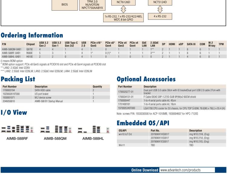 研華AIMB-588B1 適配Intel 第12/13代 Core i/奔騰系列處理器，搭載Q670E/R680E/H610E芯片組。性能可達(dá)服務(wù)器級(jí)別，獨(dú)立四顯，具備專(zhuān)業(yè)的圖像處理能力，是理想的行業(yè)解決方案。
