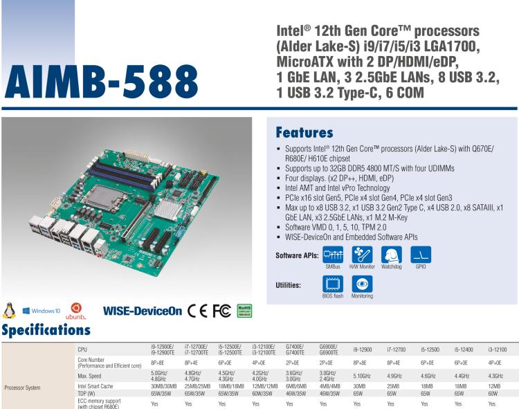 研華AIMB-588 適配Intel 第12代 Core i 系列處理器，搭載Q670E/ R680E/ H610E芯片組。高性能可達(dá)服務(wù)器級(jí)別高端產(chǎn)品，獨(dú)立四顯，專業(yè)的圖像處理能力，是理想的行業(yè)解決方案。