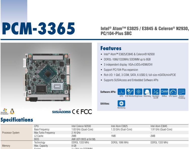 研華PCM-3365 英特爾第四代凌動?Atom?E3825 / E3845＆賽揚?N2930，PC / 104-Plus嵌入式主板，ISA，VGA，HDMI / DVI，LVDS，6 USB，mSATA或板載SSD