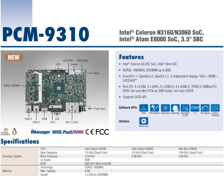 研華PCM-9310 英特爾第五代Atom?賽揚N3160 / N3060 SoC，Intel?Atom E8000 SoC，3.5寸單板電腦，DDR3L，VGA，HDMI，48位LVDS，2GbE，Mini PCIe，mSATA，SUSI API