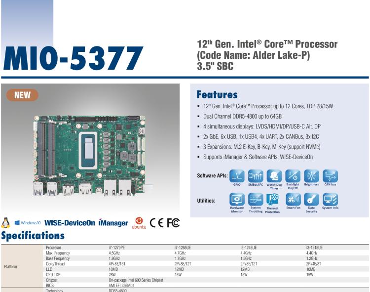 研華MIO-5377 第12代 Intel Core i7/ i5/ i3 P系列，3.5"單板電腦， 高達(dá)12 核心，TDP 28/15W