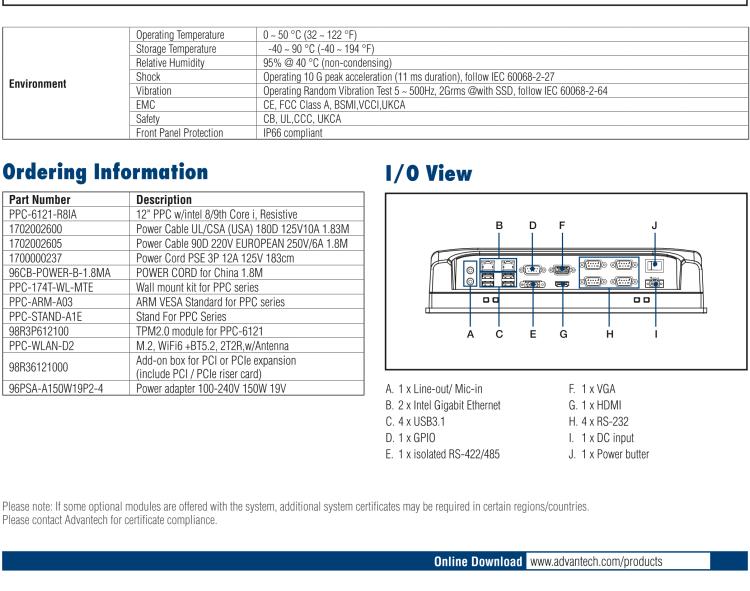 研華PPC-6121 12.1" 工業平板電腦, 搭載 Intel? 第8代 Core? i/Celeron? 處理器