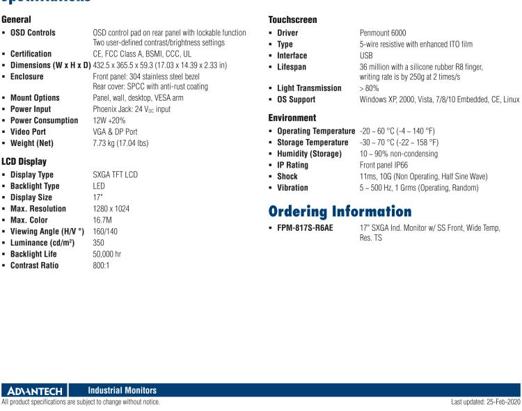 研華FPM-817S 17“英寸工業顯示器與電阻觸摸控制，直接VGA, DP端口，和304不銹鋼前面板
