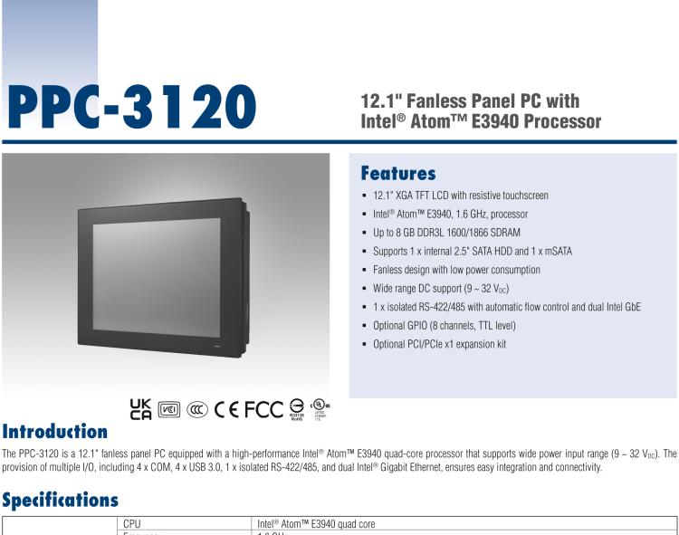 研華PPC-3120-RE9A 12.1" 無風扇工業平板電腦 Intel? Atom? E3940處理器