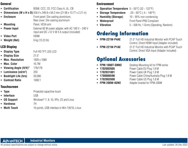 研華FPM-221W 21.5寸Full HD工業(yè)顯示器，支持多點(diǎn)觸控，支持HDMI端口